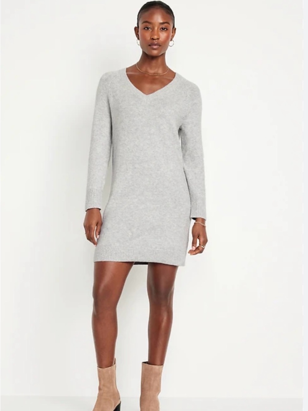 Old Navy Light Gray V-Neck Sweater Mini Dress